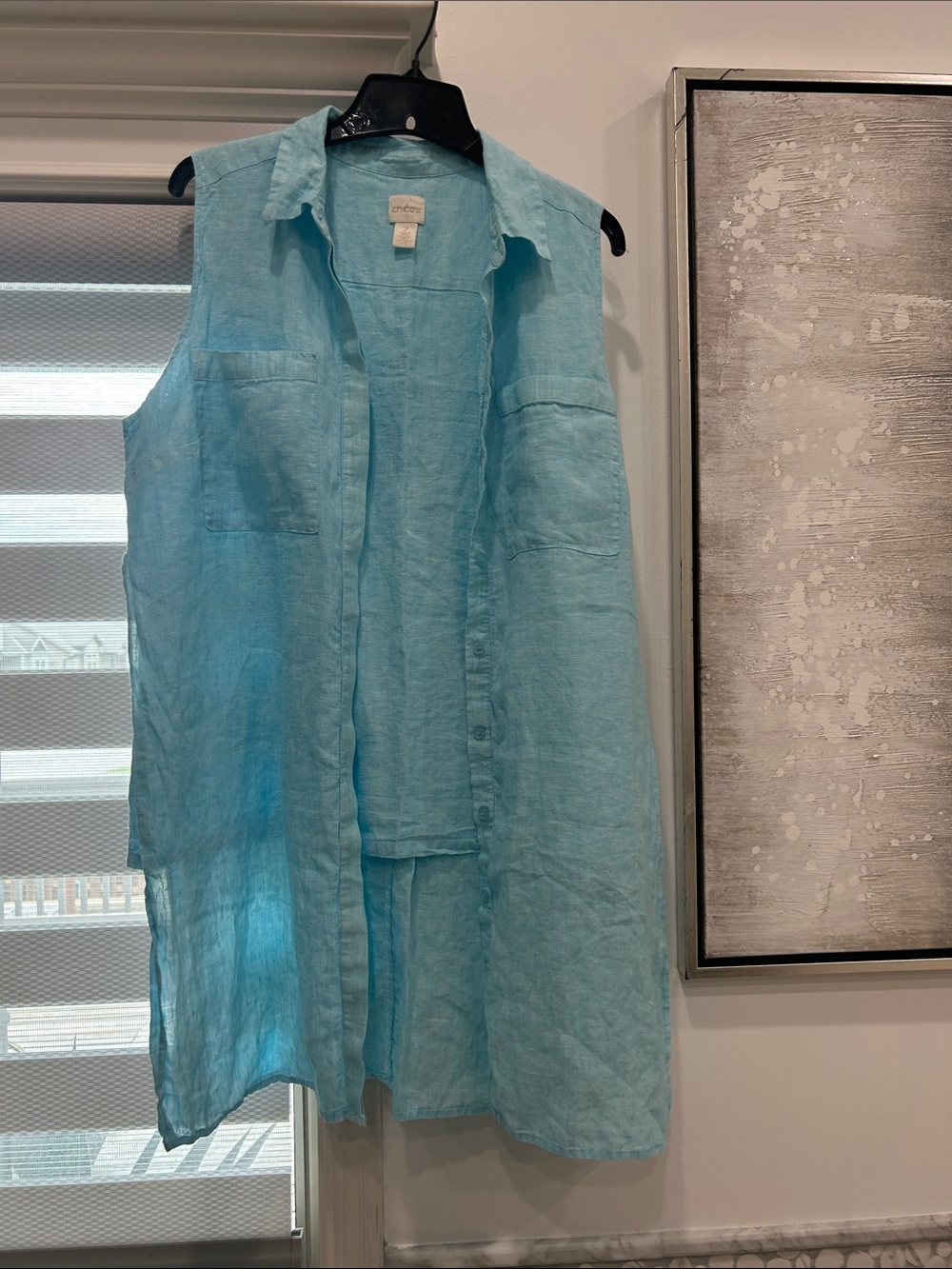 Chico's Light Turquoise Sleeveless Linen Button-Down Shirt 100% Linen size 2, L